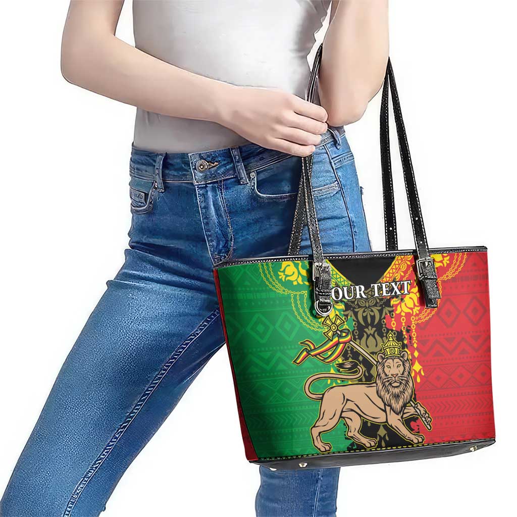 Personalised Ethiopia Leather Tote Bag Lion Of Judah Mix African Pattern - Wonder Print Shop