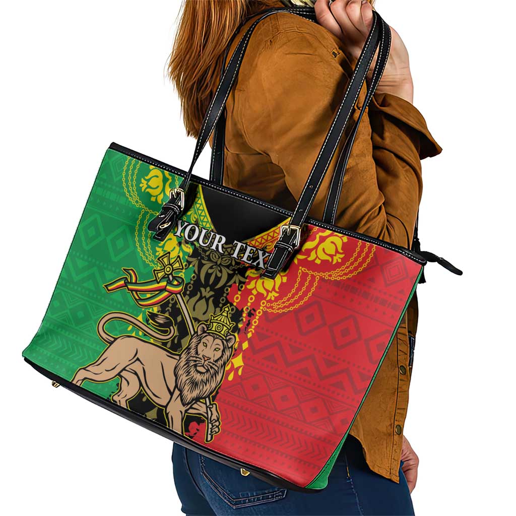 Personalised Ethiopia Leather Tote Bag Lion Of Judah Mix African Pattern - Wonder Print Shop