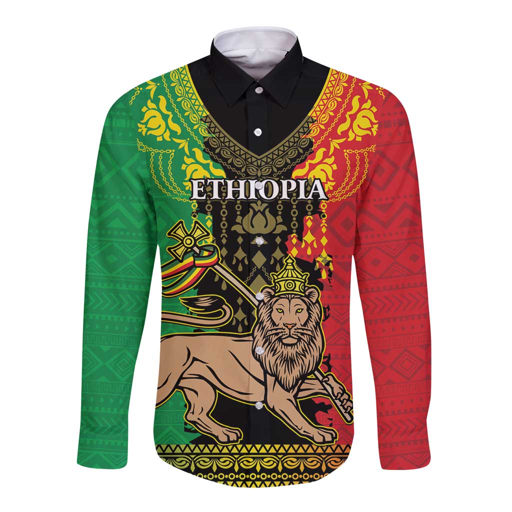 Personalised Ethiopia Long Sleeve Button Shirt Lion Of Judah Mix African Pattern - Wonder Print Shop
