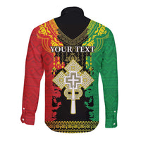 Personalised Ethiopia Long Sleeve Button Shirt Lion Of Judah Mix African Pattern - Wonder Print Shop