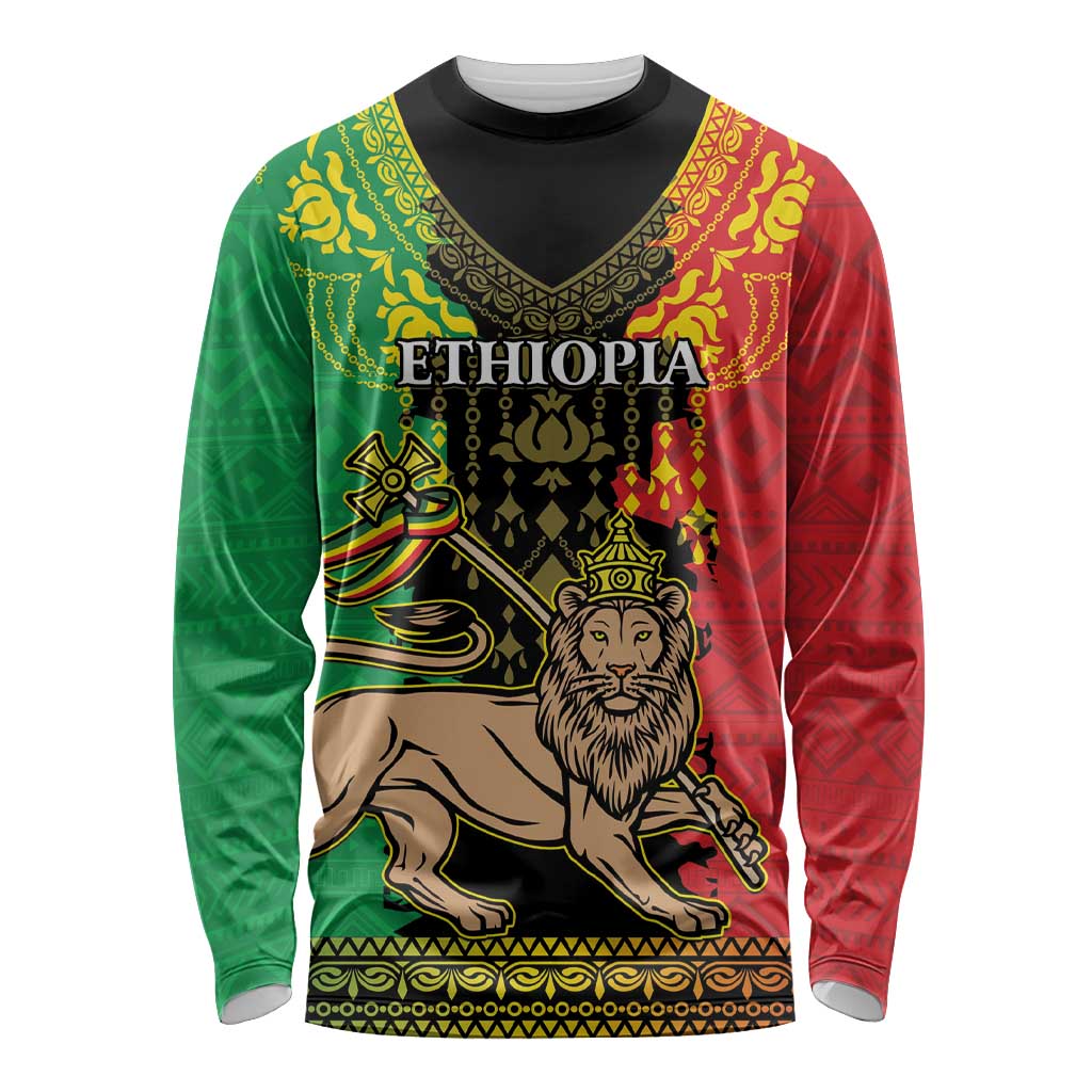 Personalised Ethiopia Long Sleeve Shirt Lion Of Judah Mix African Pattern - Wonder Print Shop