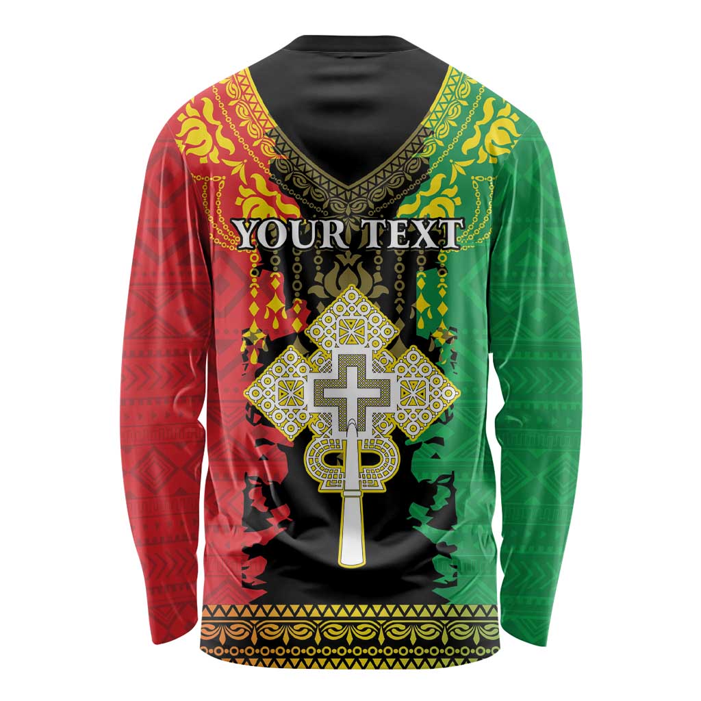Personalised Ethiopia Long Sleeve Shirt Lion Of Judah Mix African Pattern - Wonder Print Shop