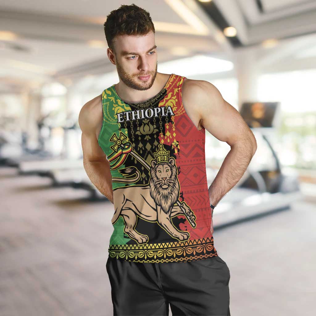 Personalised Ethiopia Men Tank Top Lion Of Judah Mix African Pattern - Wonder Print Shop