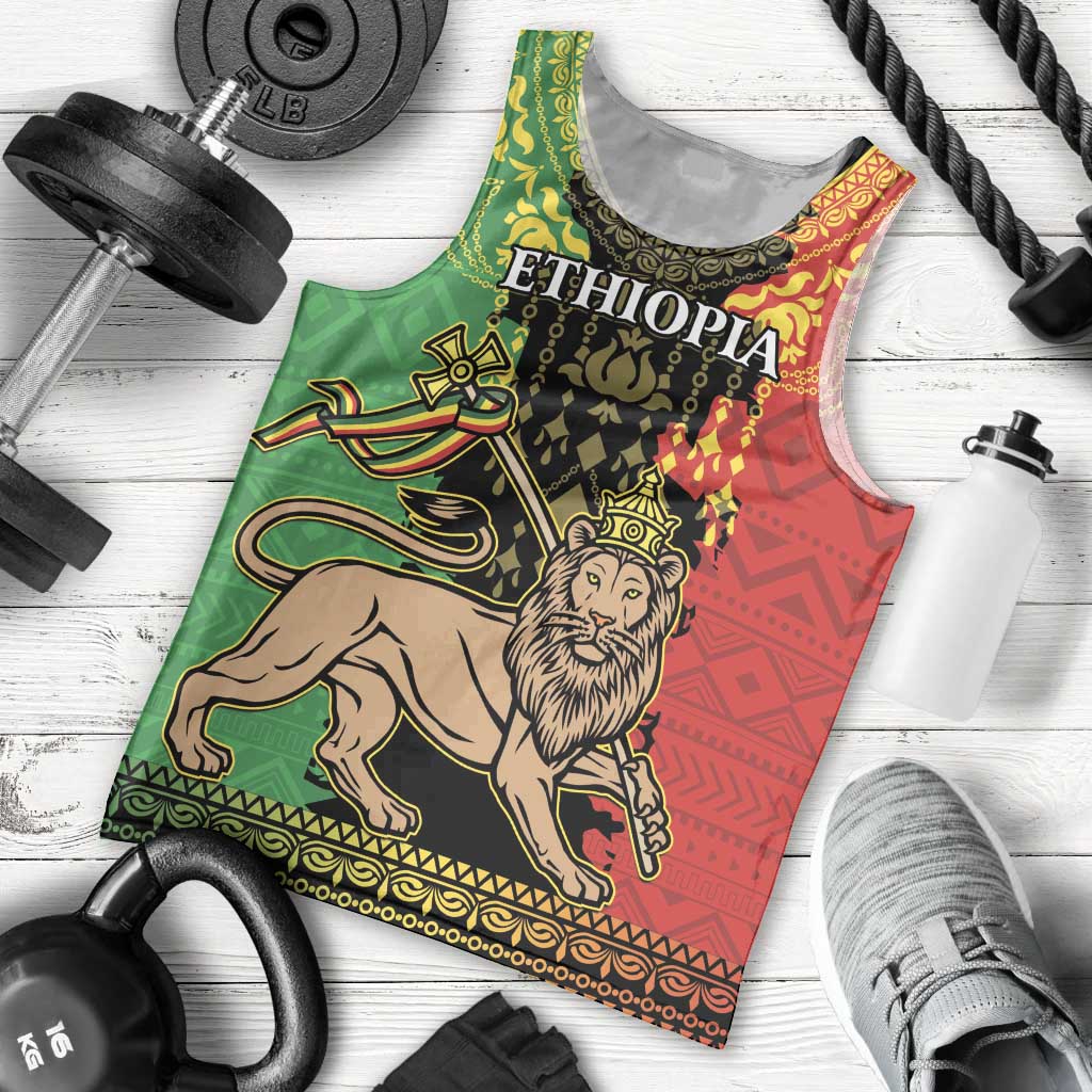Personalised Ethiopia Men Tank Top Lion Of Judah Mix African Pattern - Wonder Print Shop