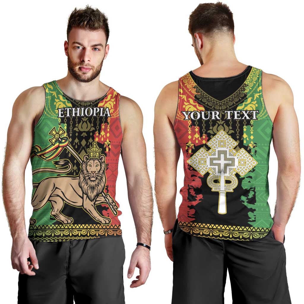 Personalised Ethiopia Men Tank Top Lion Of Judah Mix African Pattern - Wonder Print Shop