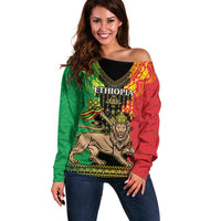 Personalised Ethiopia Off Shoulder Sweater Lion Of Judah Mix African Pattern - Wonder Print Shop