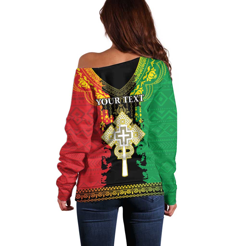 Personalised Ethiopia Off Shoulder Sweater Lion Of Judah Mix African Pattern - Wonder Print Shop