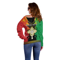 Personalised Ethiopia Off Shoulder Sweater Lion Of Judah Mix African Pattern - Wonder Print Shop