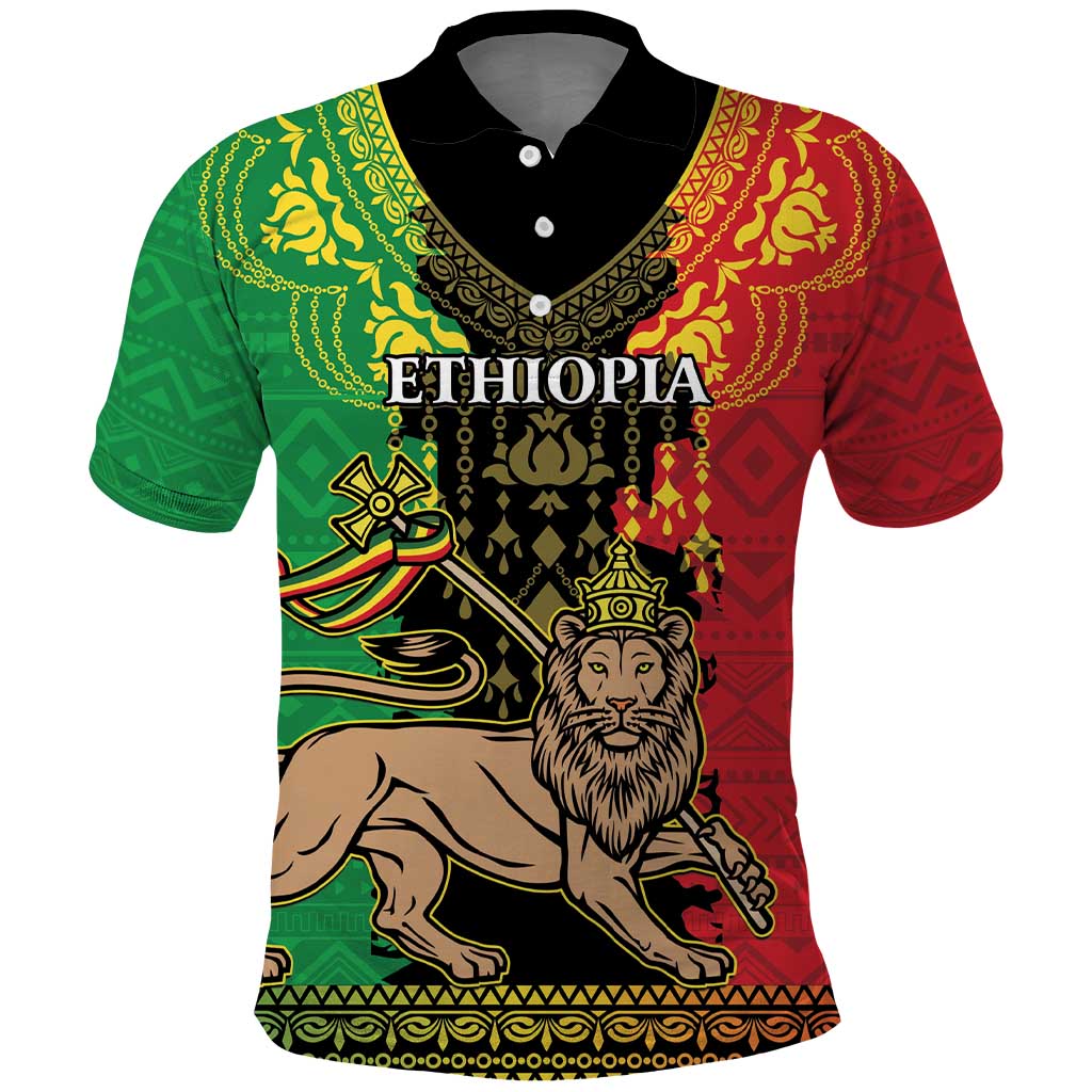 Personalised Ethiopia Polo Shirt Lion Of Judah Mix African Pattern - Wonder Print Shop
