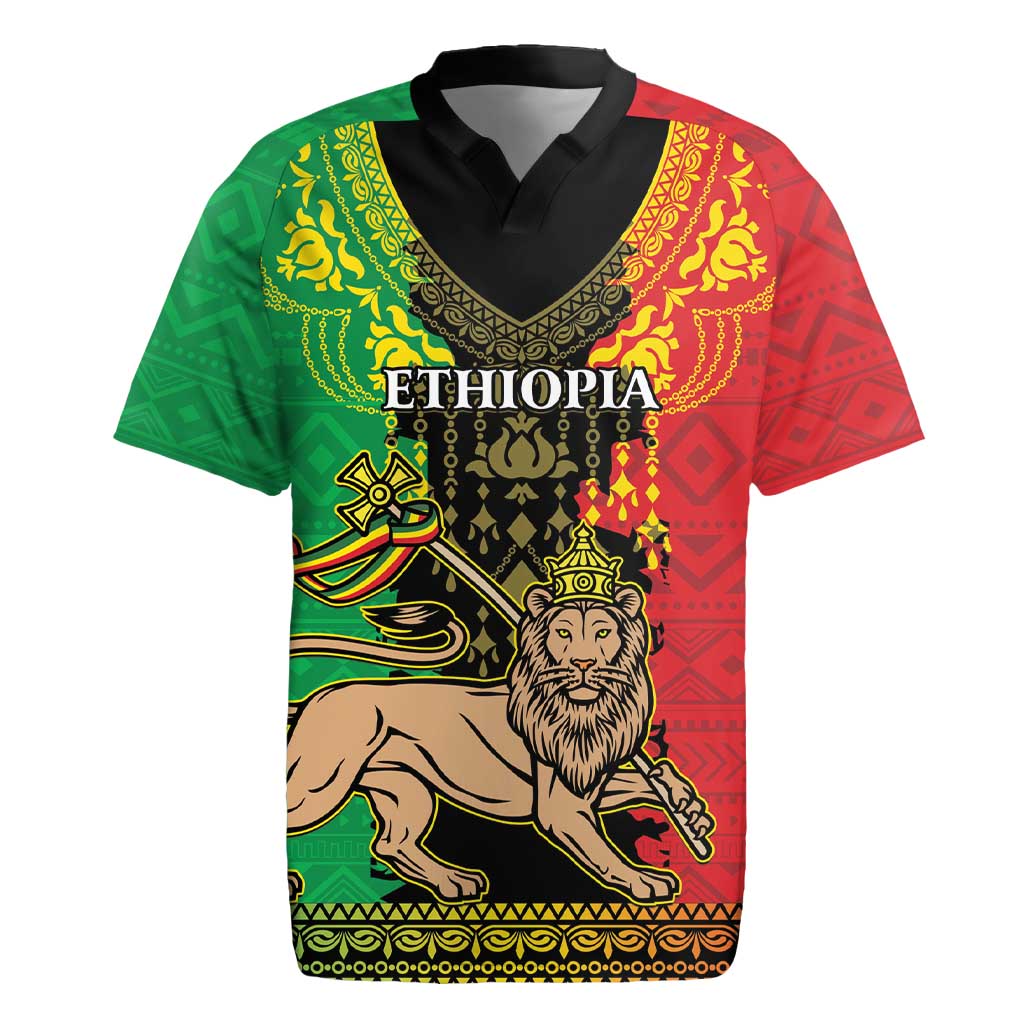 Personalised Ethiopia Rugby Jersey Lion Of Judah Mix African Pattern - Wonder Print Shop