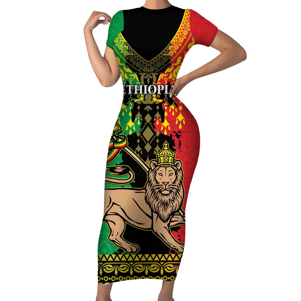 Personalised Ethiopia Short Sleeve Bodycon Dress Lion Of Judah Mix African Pattern - Wonder Print Shop