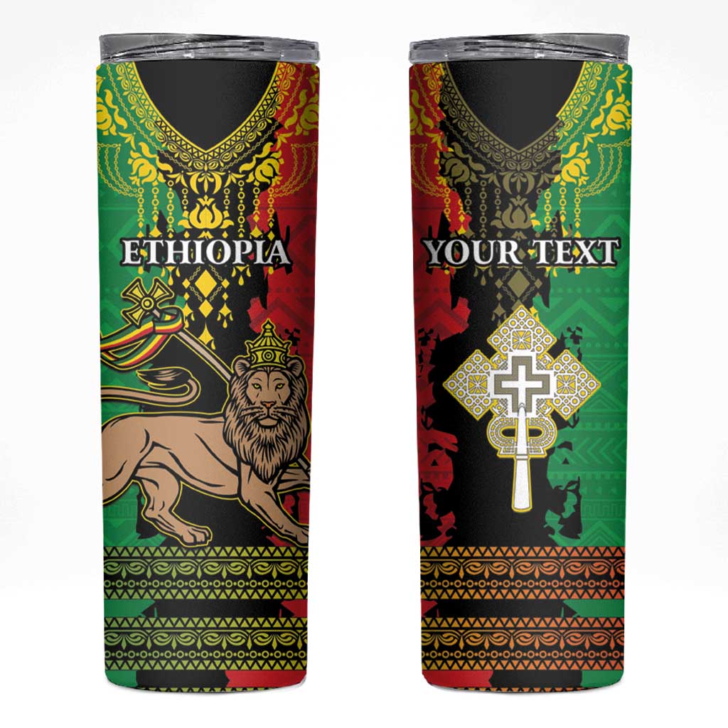 Personalised Ethiopia Skinny Tumbler Lion Of Judah Mix African Pattern - Wonder Print Shop