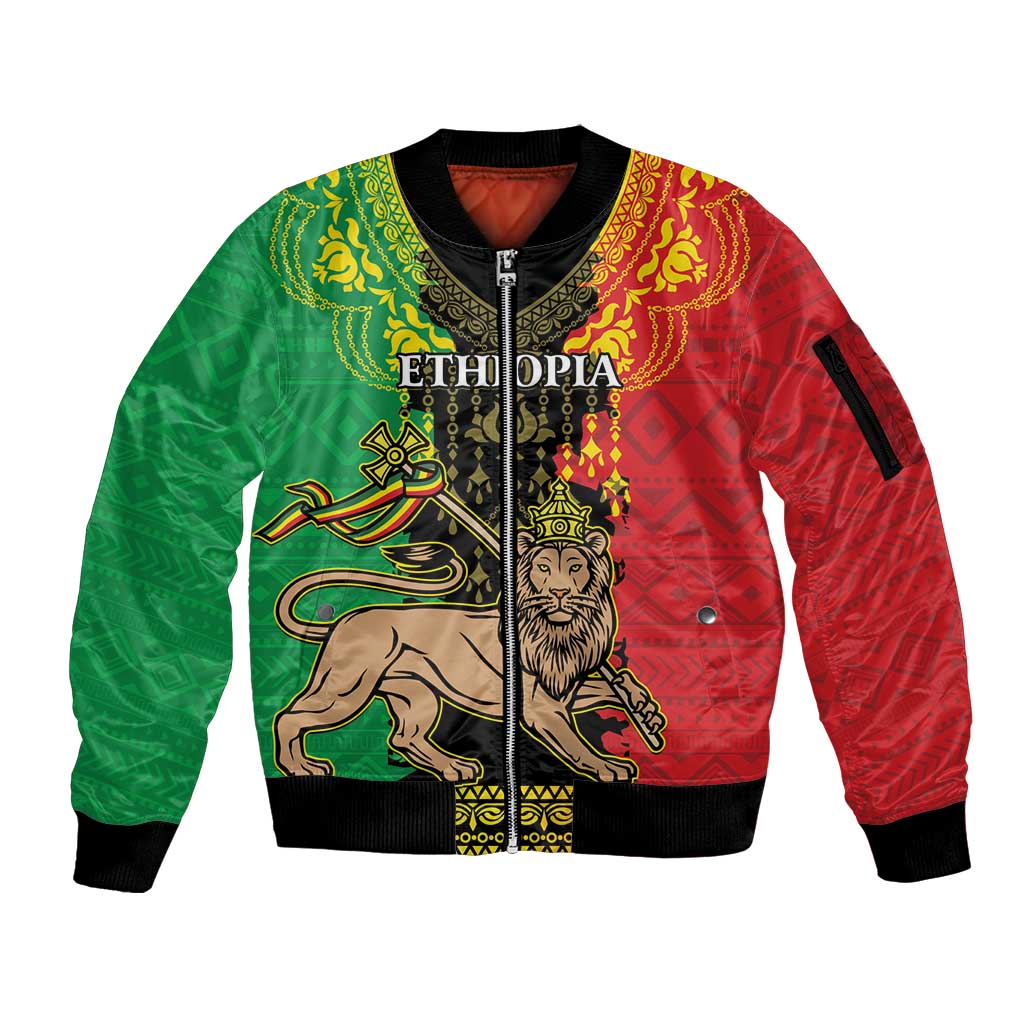 Personalised Ethiopia Sleeve Zip Bomber Jacket Lion Of Judah Mix African Pattern - Wonder Print Shop
