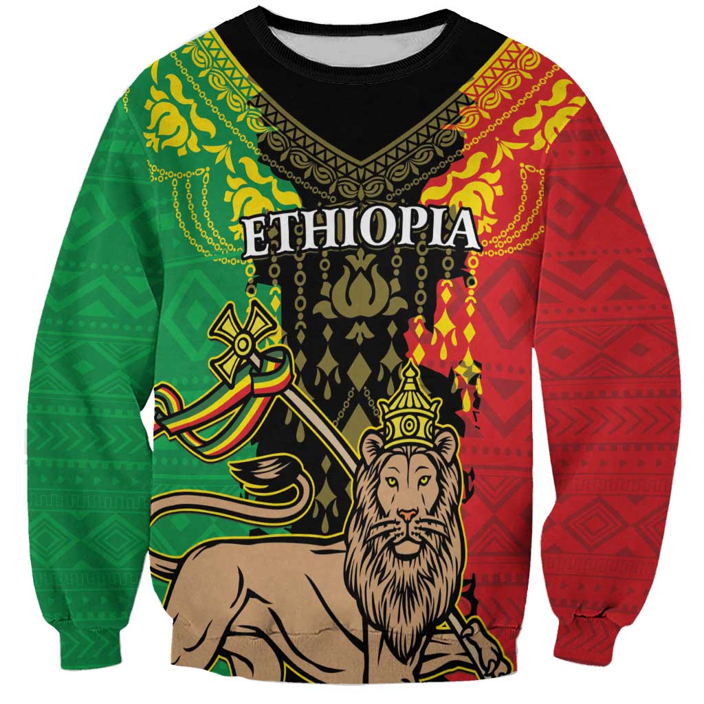 Personalised Ethiopia Sweatshirt Lion Of Judah Mix African Pattern - Wonder Print Shop