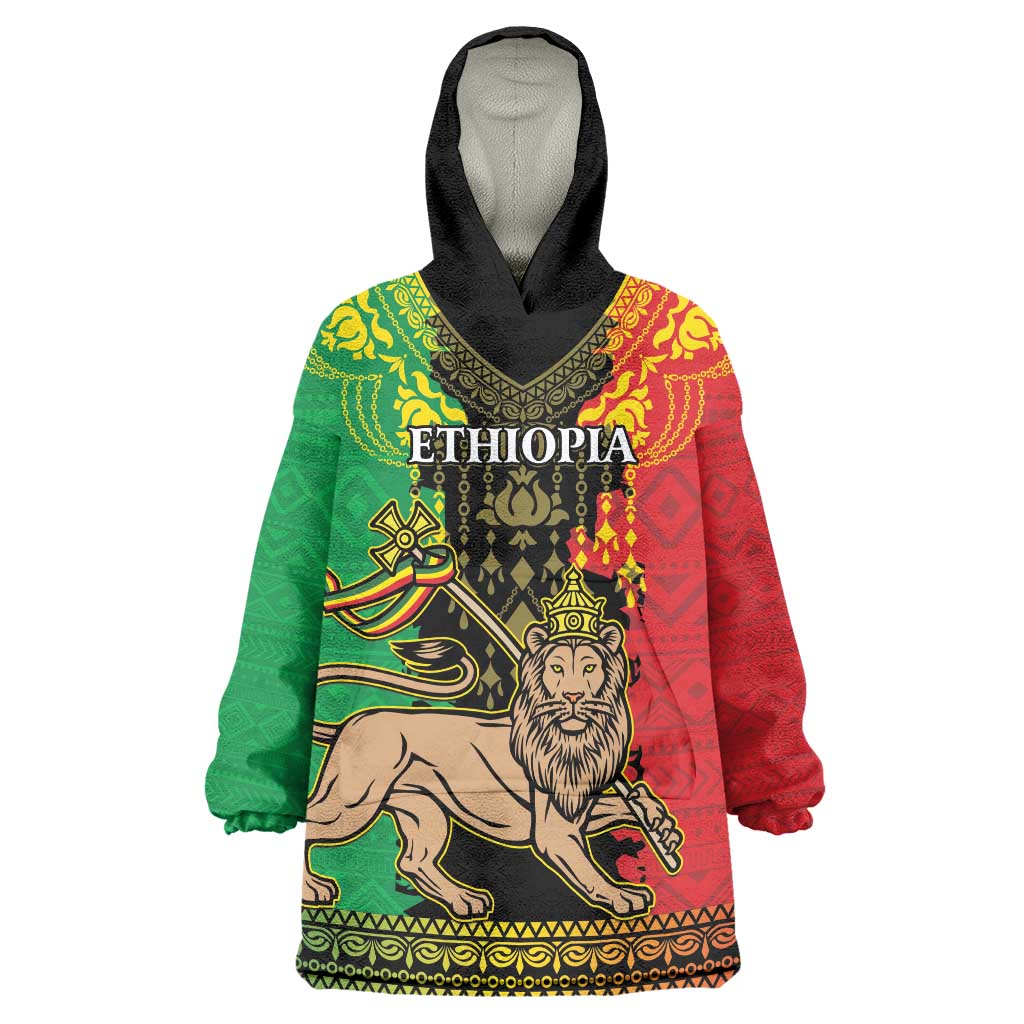 Personalised Ethiopia Wearable Blanket Hoodie Lion Of Judah Mix African Pattern - Wonder Print Shop