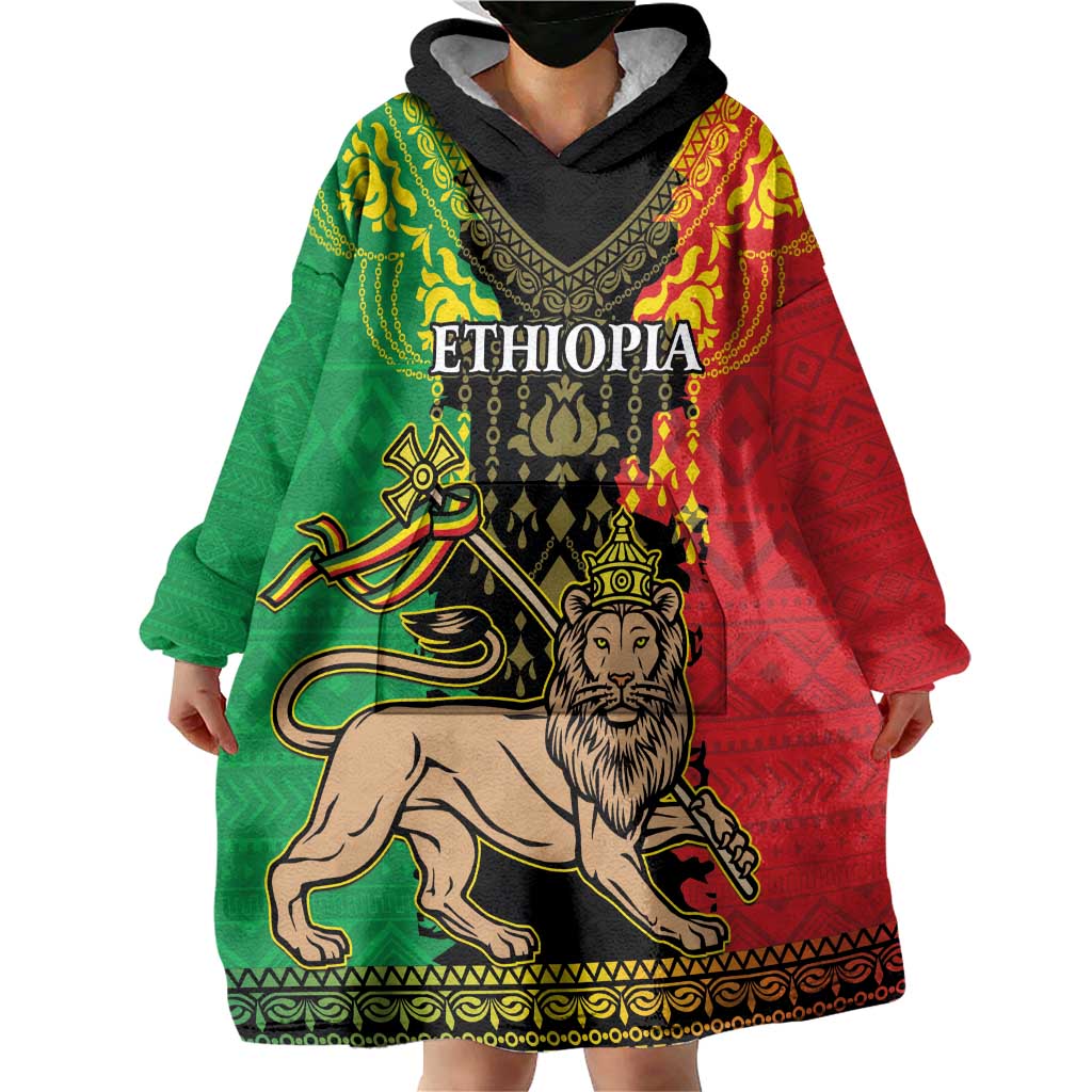 Personalised Ethiopia Wearable Blanket Hoodie Lion Of Judah Mix African Pattern - Wonder Print Shop