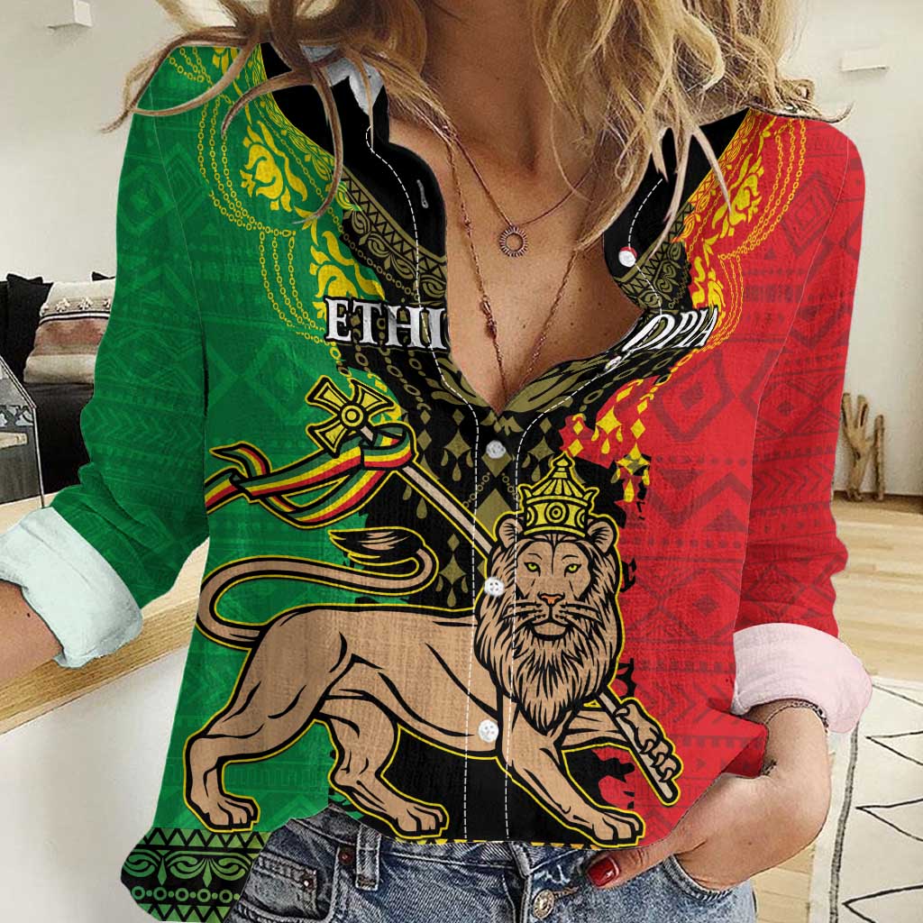 Personalised Ethiopia Women Casual Shirt Lion Of Judah Mix African Pattern - Wonder Print Shop