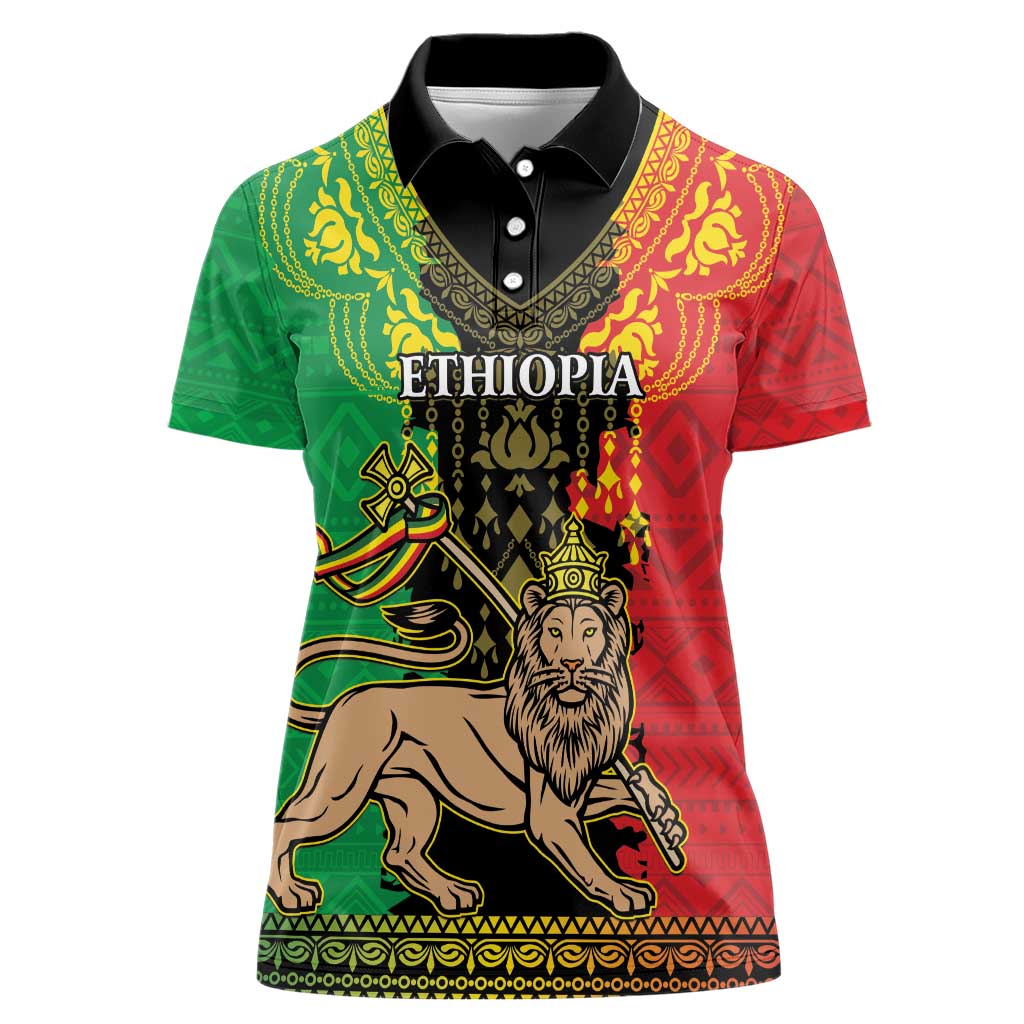 Personalised Ethiopia Women Polo Shirt Lion Of Judah Mix African Pattern - Wonder Print Shop