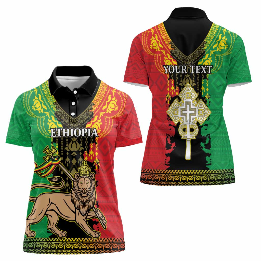 Personalised Ethiopia Women Polo Shirt Lion Of Judah Mix African Pattern - Wonder Print Shop