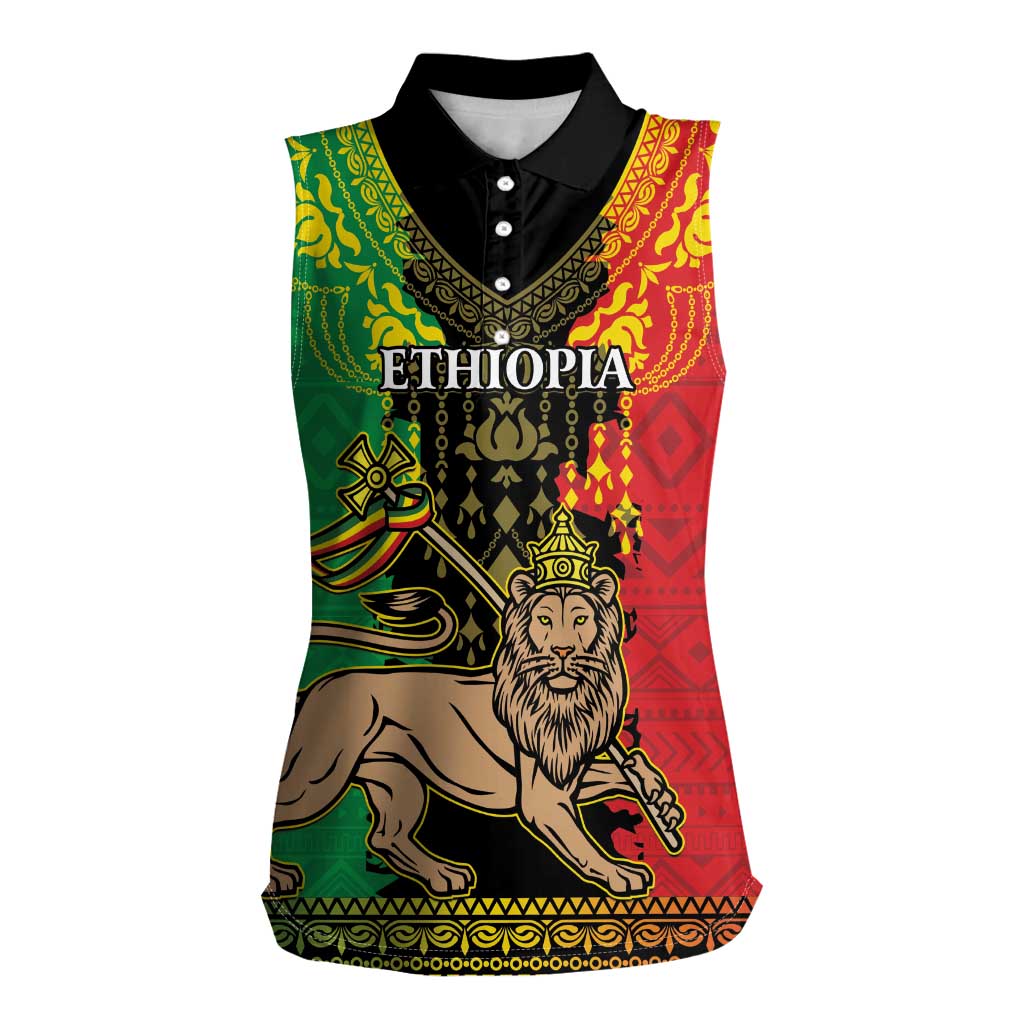 Personalised Ethiopia Women Sleeveless Polo Shirt Lion Of Judah Mix African Pattern - Wonder Print Shop