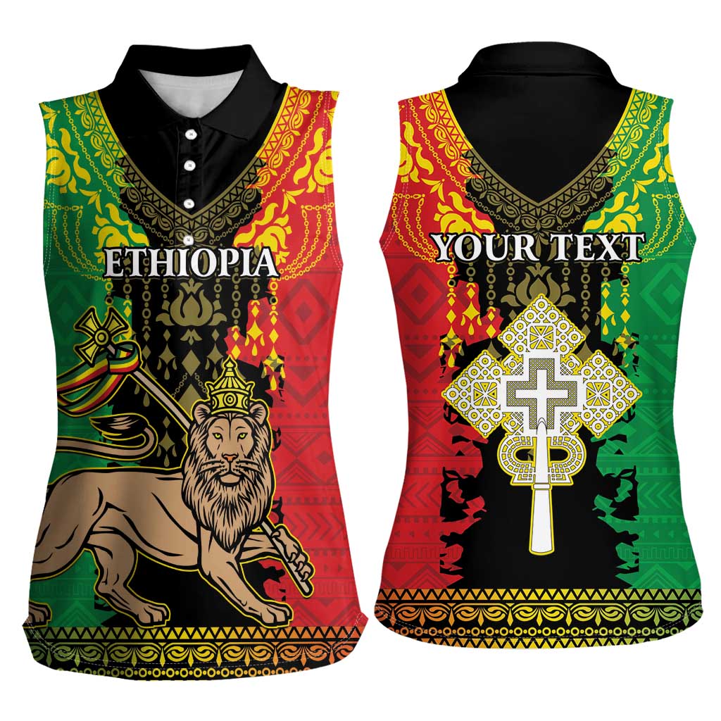 Personalised Ethiopia Women Sleeveless Polo Shirt Lion Of Judah Mix African Pattern - Wonder Print Shop