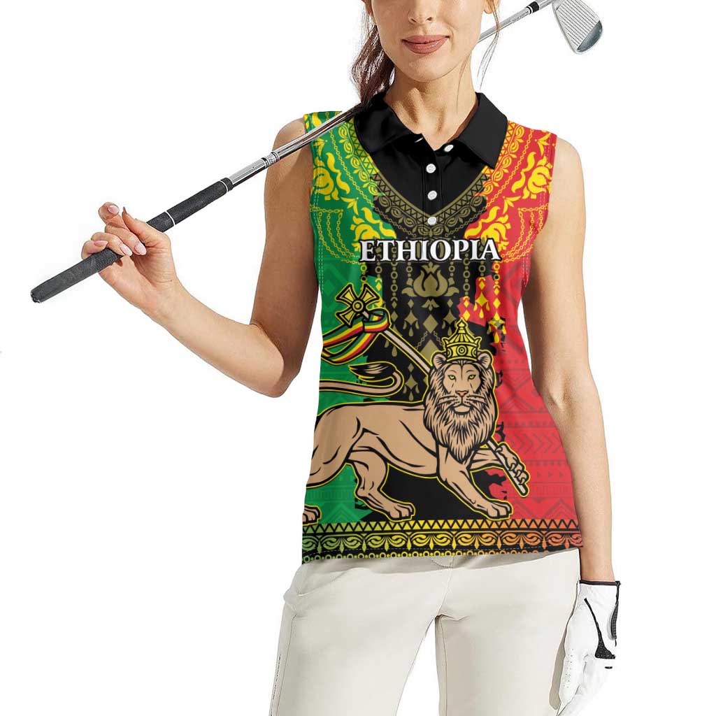 Personalised Ethiopia Women Sleeveless Polo Shirt Lion Of Judah Mix African Pattern - Wonder Print Shop
