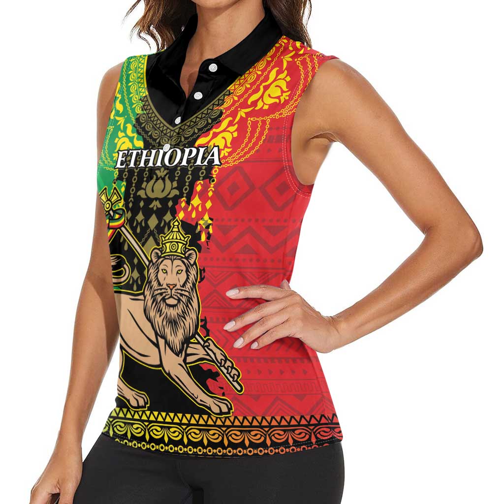 Personalised Ethiopia Women Sleeveless Polo Shirt Lion Of Judah Mix African Pattern - Wonder Print Shop