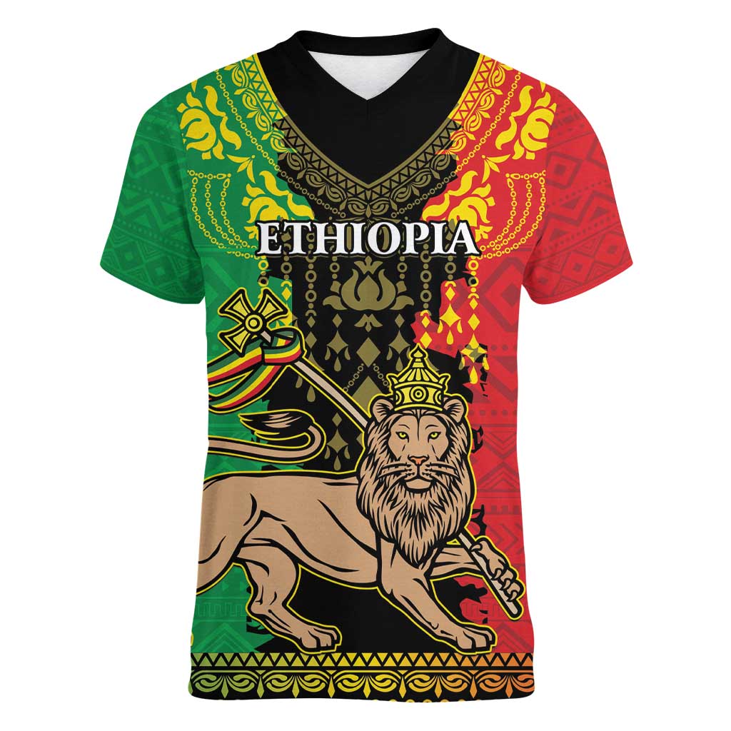 Personalised Ethiopia Women V-Neck T-Shirt Lion Of Judah Mix African Pattern - Wonder Print Shop
