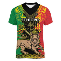 Personalised Ethiopia Women V-Neck T-Shirt Lion Of Judah Mix African Pattern - Wonder Print Shop