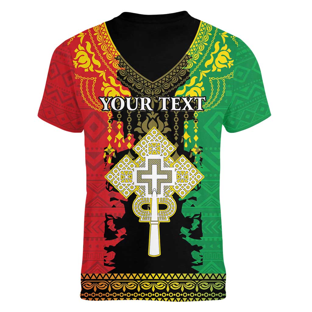 Personalised Ethiopia Women V-Neck T-Shirt Lion Of Judah Mix African Pattern - Wonder Print Shop