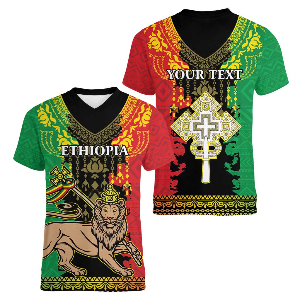 Personalised Ethiopia Women V-Neck T-Shirt Lion Of Judah Mix African Pattern - Wonder Print Shop
