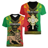 Personalised Ethiopia Women V-Neck T-Shirt Lion Of Judah Mix African Pattern - Wonder Print Shop