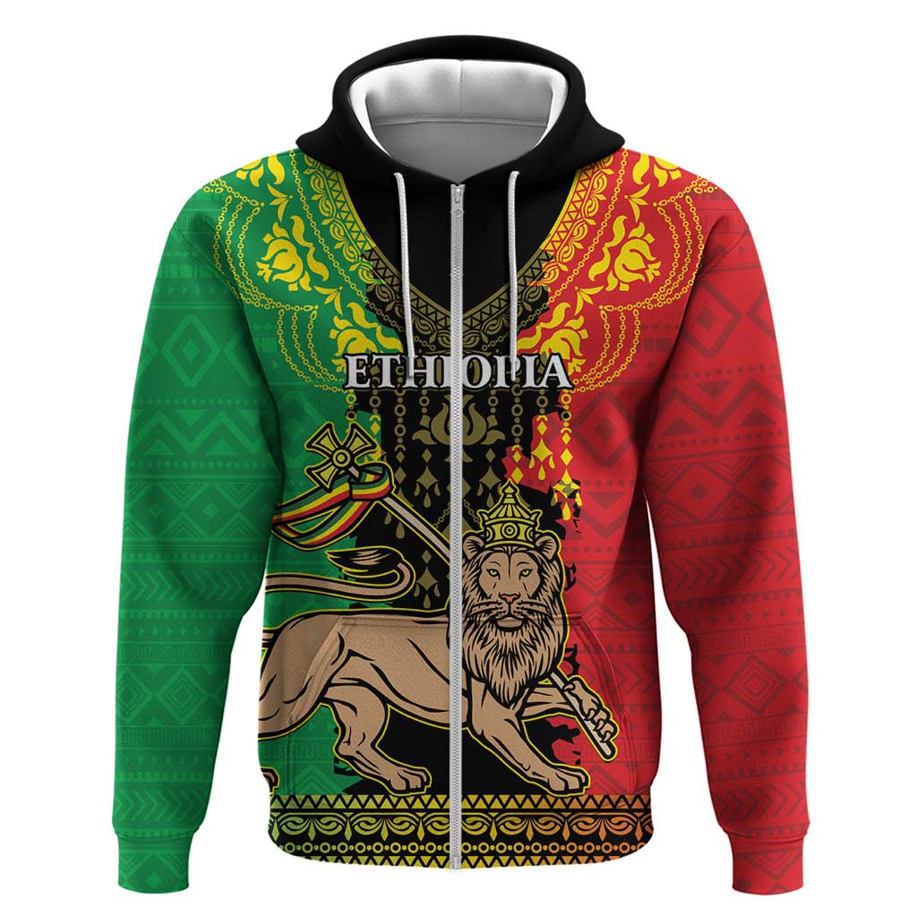 Personalised Ethiopia Zip Hoodie Lion Of Judah Mix African Pattern - Wonder Print Shop