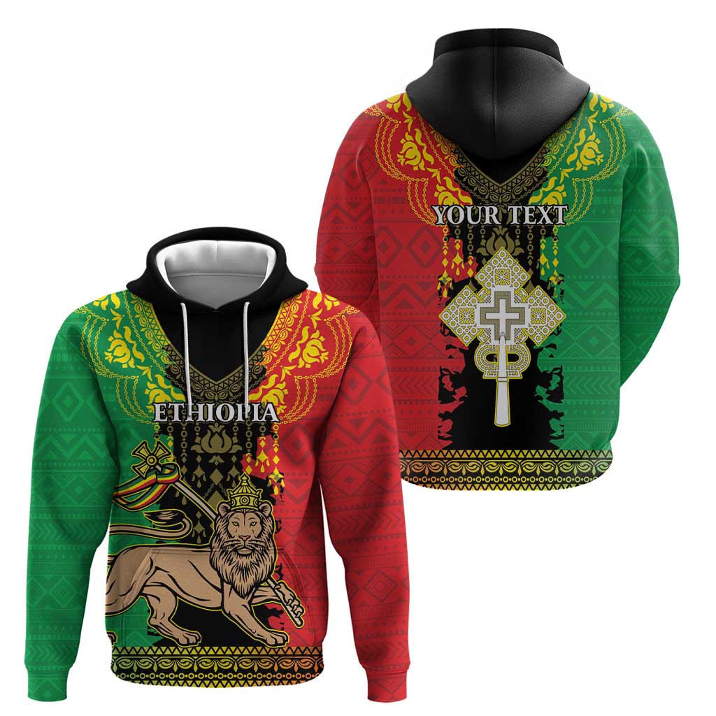 Personalised Ethiopia Zip Hoodie Lion Of Judah Mix African Pattern - Wonder Print Shop