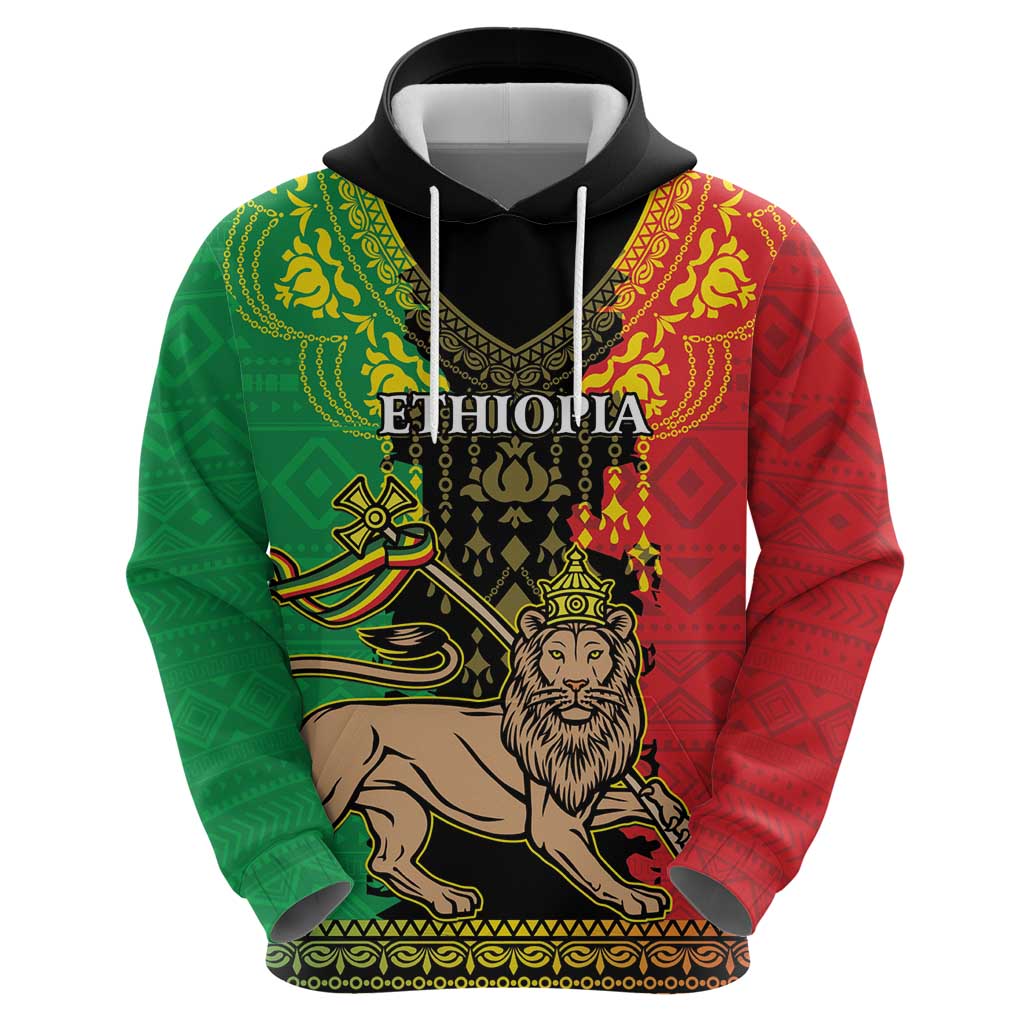 Personalised Ethiopia Zip Hoodie Lion Of Judah Mix African Pattern - Wonder Print Shop