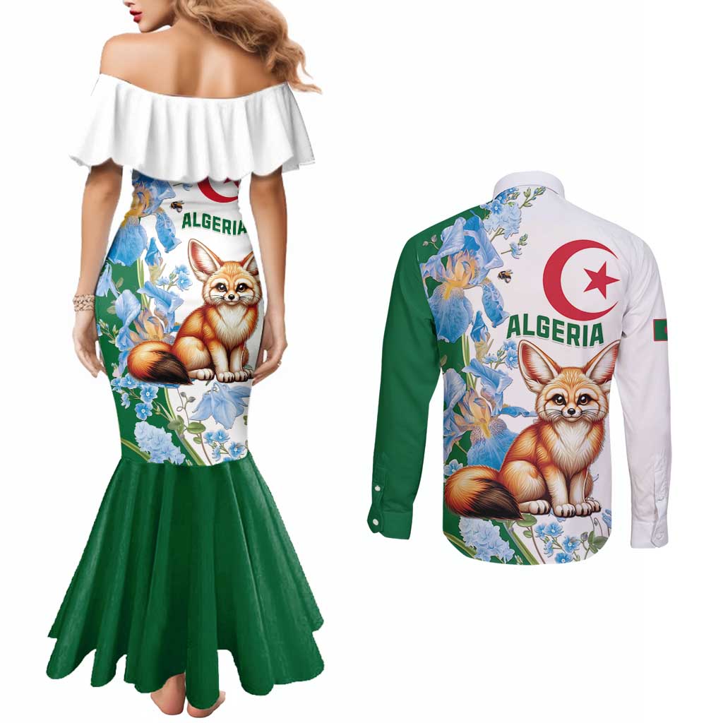 Algeria Fennec Fox Couples Matching Mermaid Dress and Long Sleeve Button Shirt Blue Isris Flower