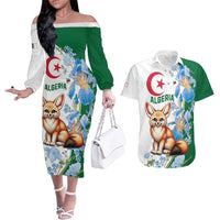 Algeria Fennec Fox Couples Matching Off The Shoulder Long Sleeve Dress and Hawaiian Shirt Blue Isris Flower