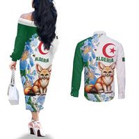 Algeria Fennec Fox Couples Matching Off The Shoulder Long Sleeve Dress and Long Sleeve Button Shirt Blue Isris Flower