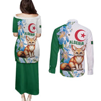 Algeria Fennec Fox Couples Matching Puletasi and Long Sleeve Button Shirt Blue Isris Flower
