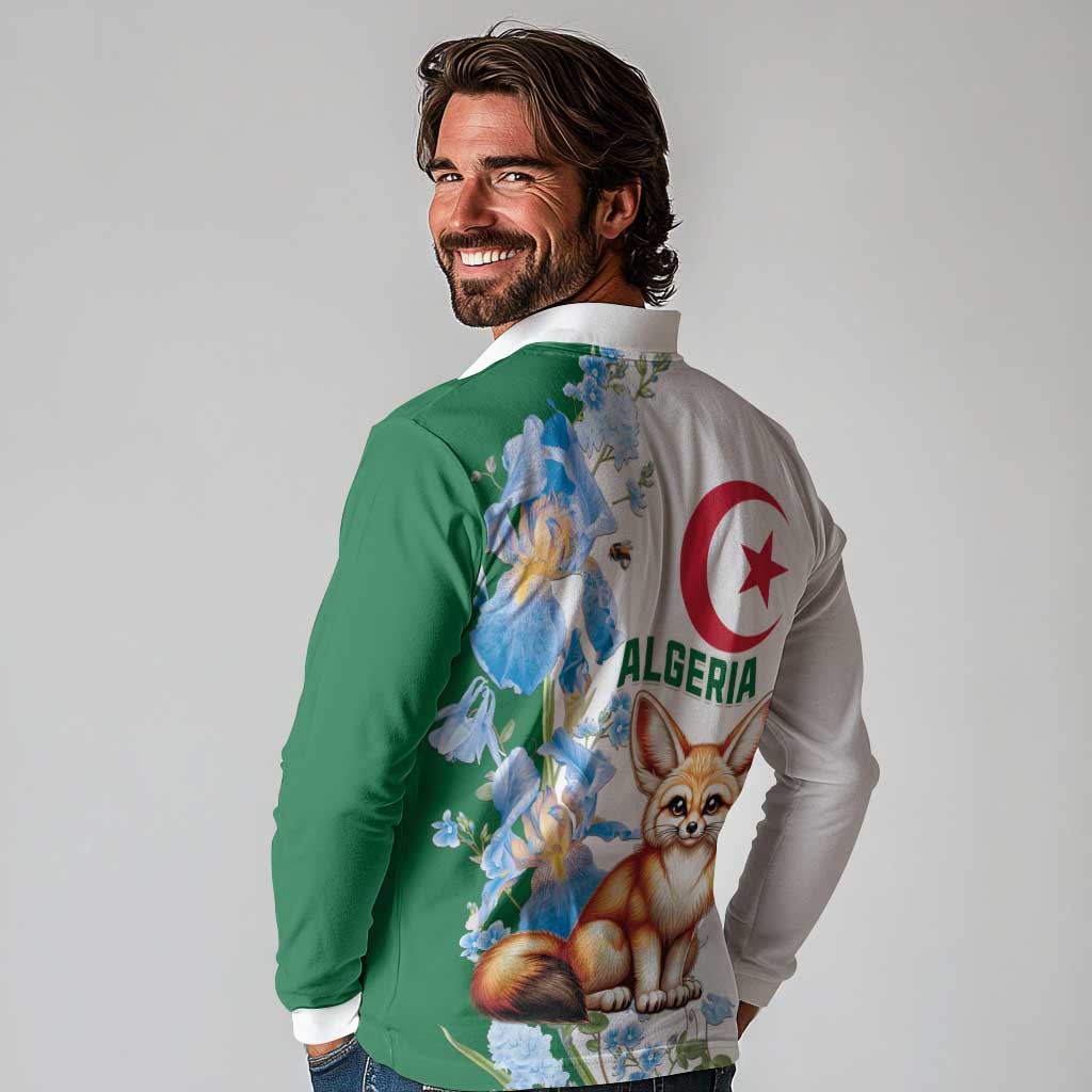 Algeria Fennec Fox Long Sleeve Polo Shirt Blue Isris Flower