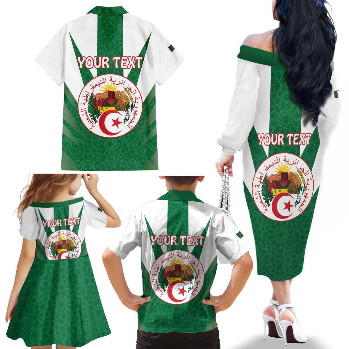 Personalised Algeria Family Matching Off The Shoulder Long Sleeve Dress and Hawaiian Shirt Coat Of Arms With Islamic Pattern