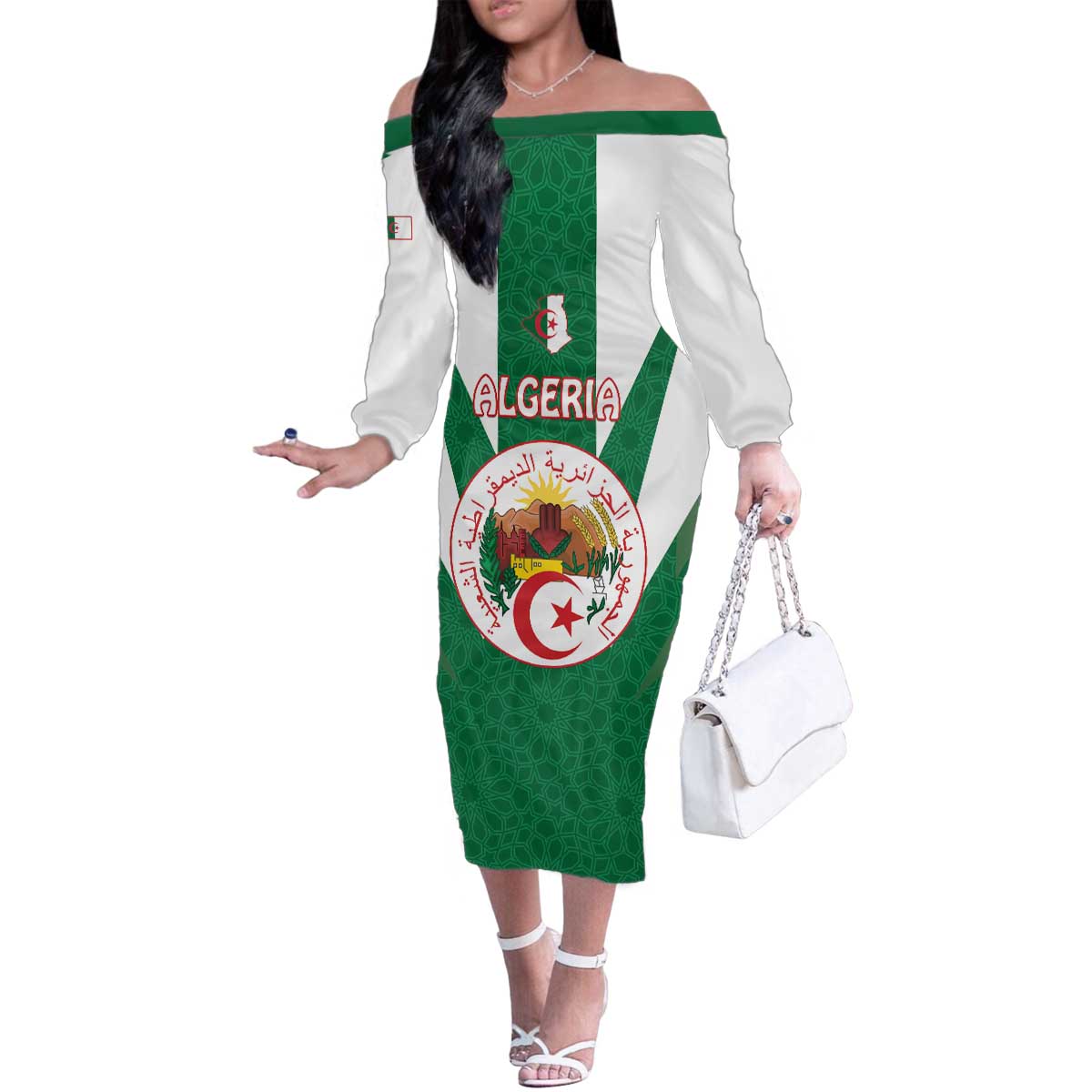 Personalised Algeria Family Matching Off The Shoulder Long Sleeve Dress and Hawaiian Shirt Coat Of Arms With Islamic Pattern