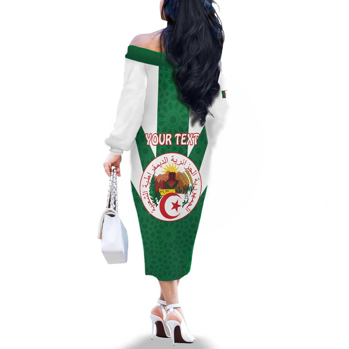 Personalised Algeria Family Matching Off The Shoulder Long Sleeve Dress and Hawaiian Shirt Coat Of Arms With Islamic Pattern