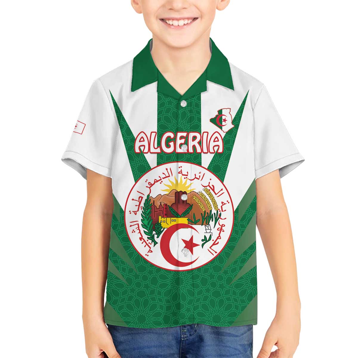 Personalised Algeria Family Matching Off The Shoulder Long Sleeve Dress and Hawaiian Shirt Coat Of Arms With Islamic Pattern