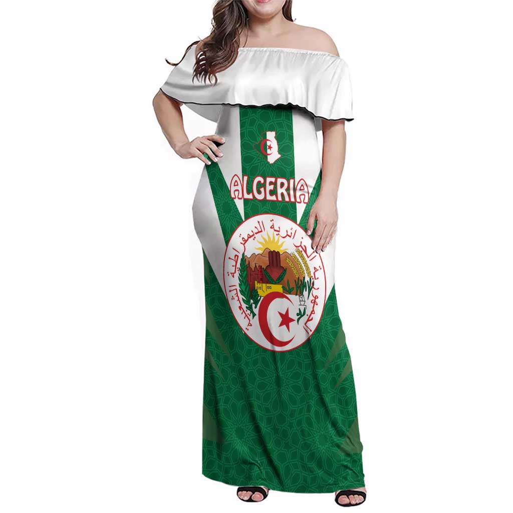 Personalised Algeria Family Matching Off Shoulder Maxi Dress and Hawaiian Shirt Coat Of Arms With Islamic Pattern