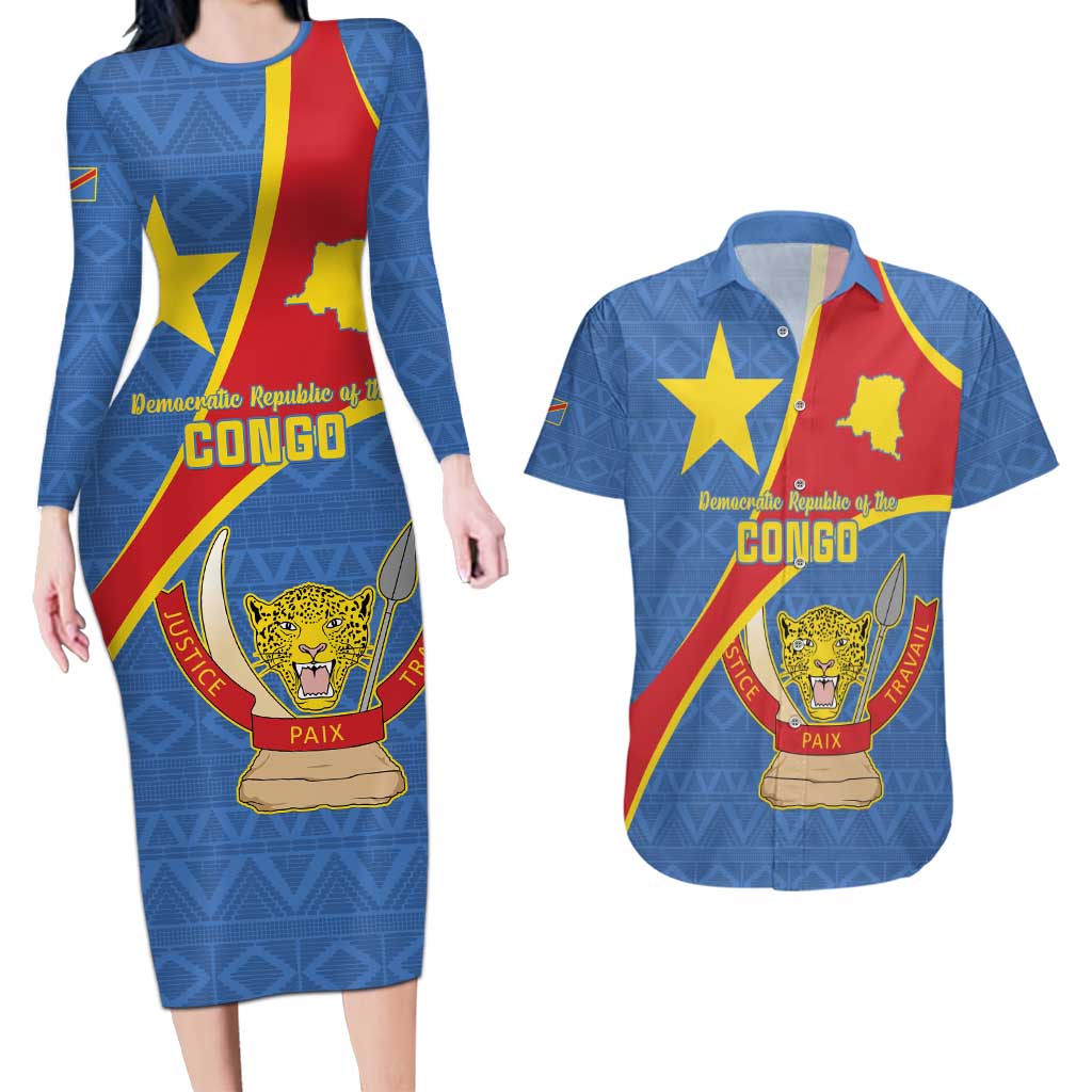 Personalised DR Congo Couples Matching Long Sleeve Bodycon Dress and Hawaiian Shirt Coat Of Arms African Pattern