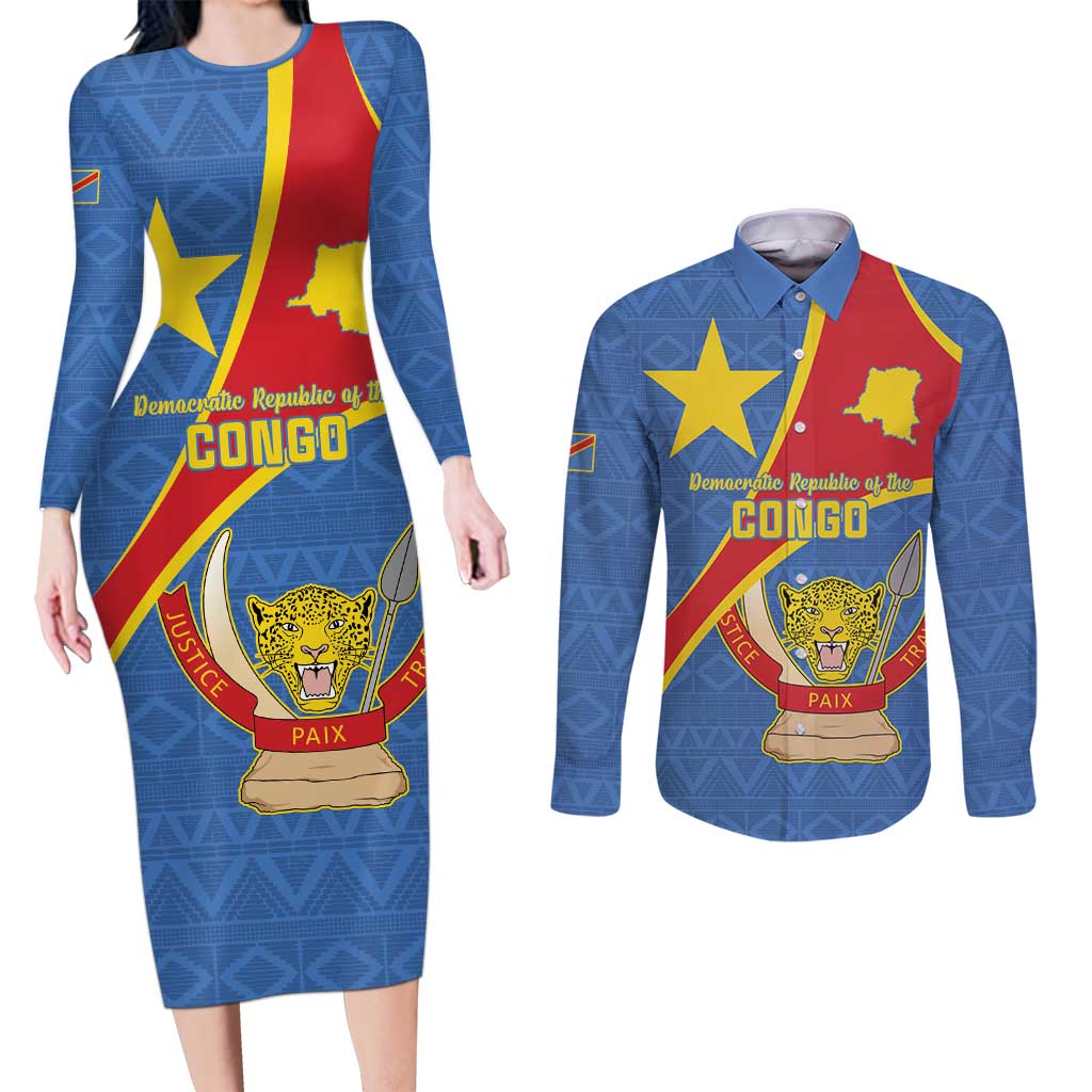Personalised DR Congo Couples Matching Long Sleeve Bodycon Dress and Long Sleeve Button Shirt Coat Of Arms African Pattern