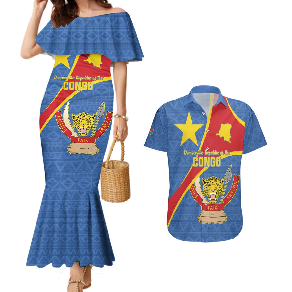 Personalised DR Congo Couples Matching Mermaid Dress and Hawaiian Shirt Coat Of Arms African Pattern