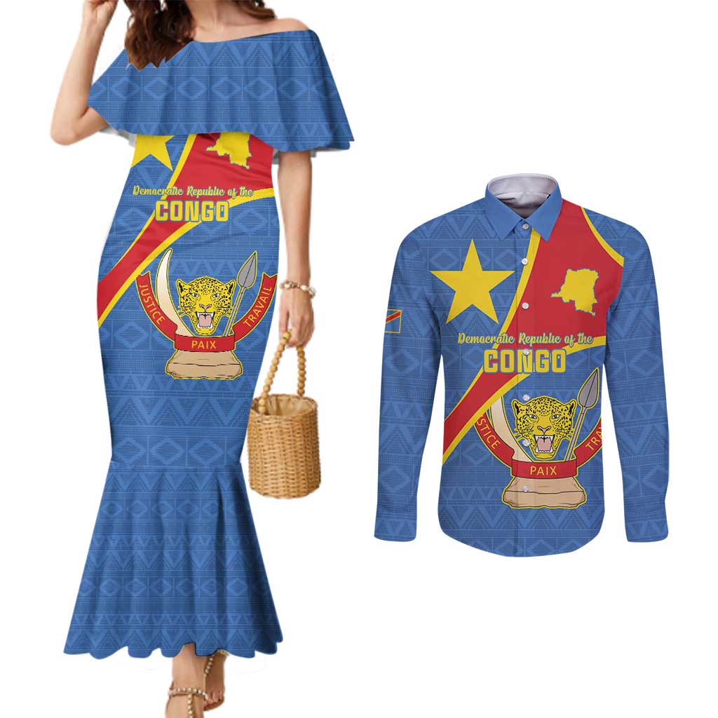 Personalised DR Congo Couples Matching Mermaid Dress and Long Sleeve Button Shirt Coat Of Arms African Pattern