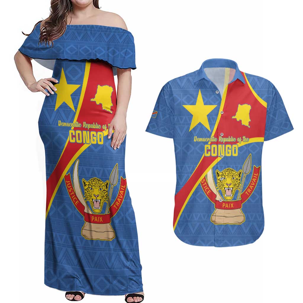Personalised DR Congo Couples Matching Off Shoulder Maxi Dress and Hawaiian Shirt Coat Of Arms African Pattern